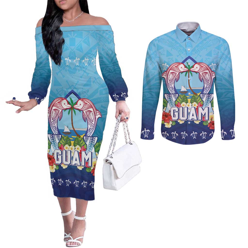 Guam Chamorro Couples Matching Off The Shoulder Long Sleeve Dress and Long Sleeve Button Shirt Tribal Latte Stone With Dolphins Blue