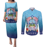Guam Chamorro Couples Matching Puletasi and Long Sleeve Button Shirt Tribal Latte Stone With Dolphins Blue