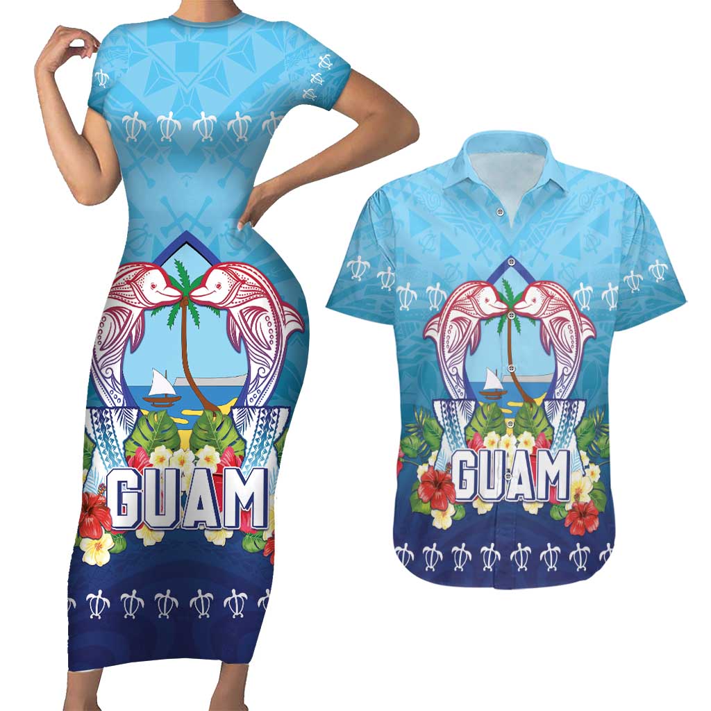 Guam Chamorro Couples Matching Short Sleeve Bodycon Dress and Hawaiian Shirt Tribal Latte Stone With Dolphins Blue