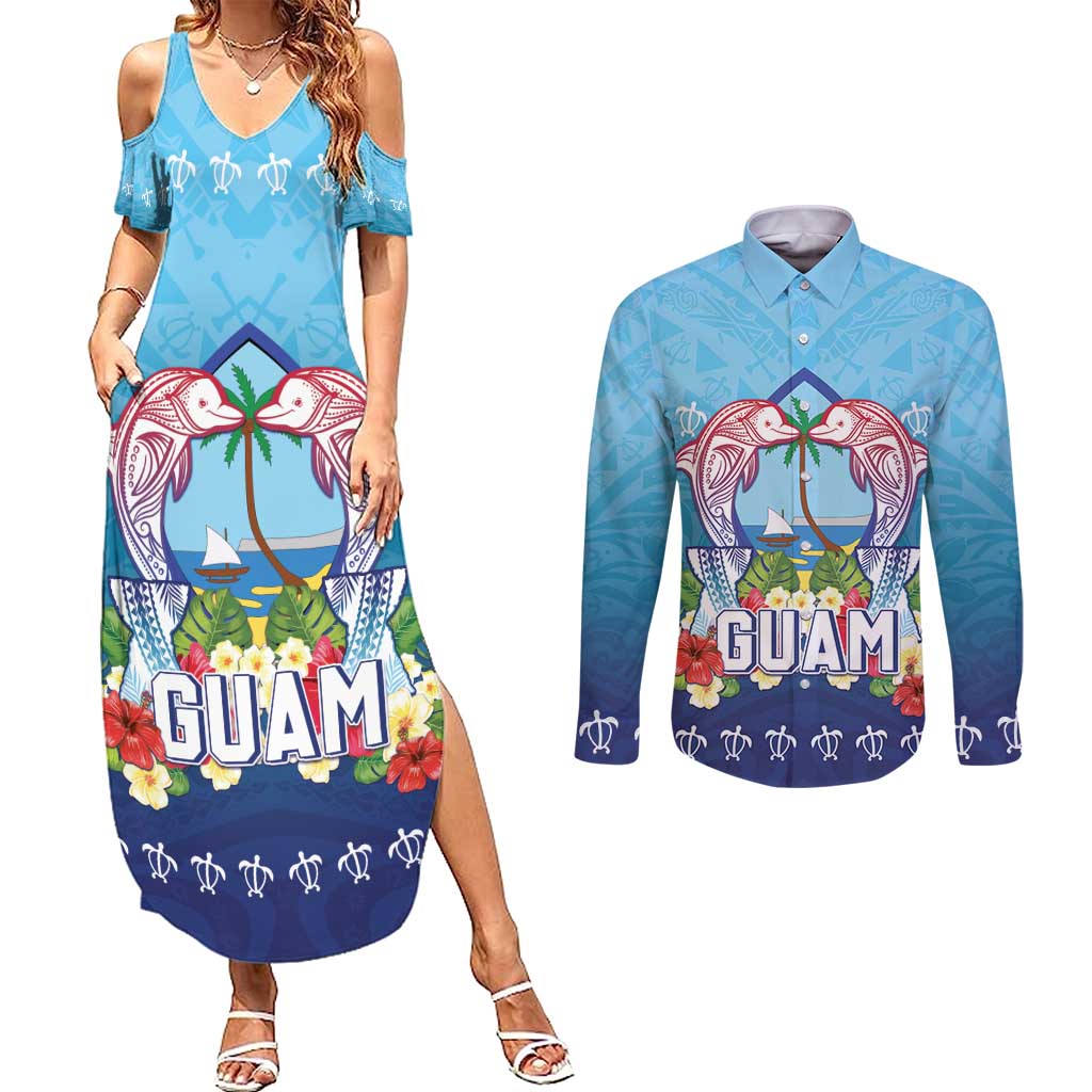 Guam Chamorro Couples Matching Summer Maxi Dress and Long Sleeve Button Shirt Tribal Latte Stone With Dolphins Blue