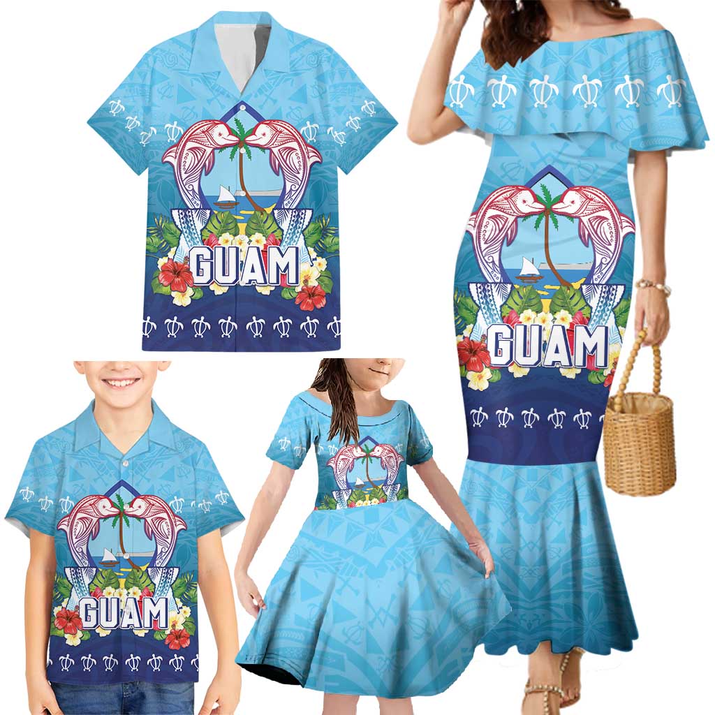 Guam Chamorro Family Matching Mermaid Dress and Hawaiian Shirt Tribal Latte Stone With Dolphins Blue