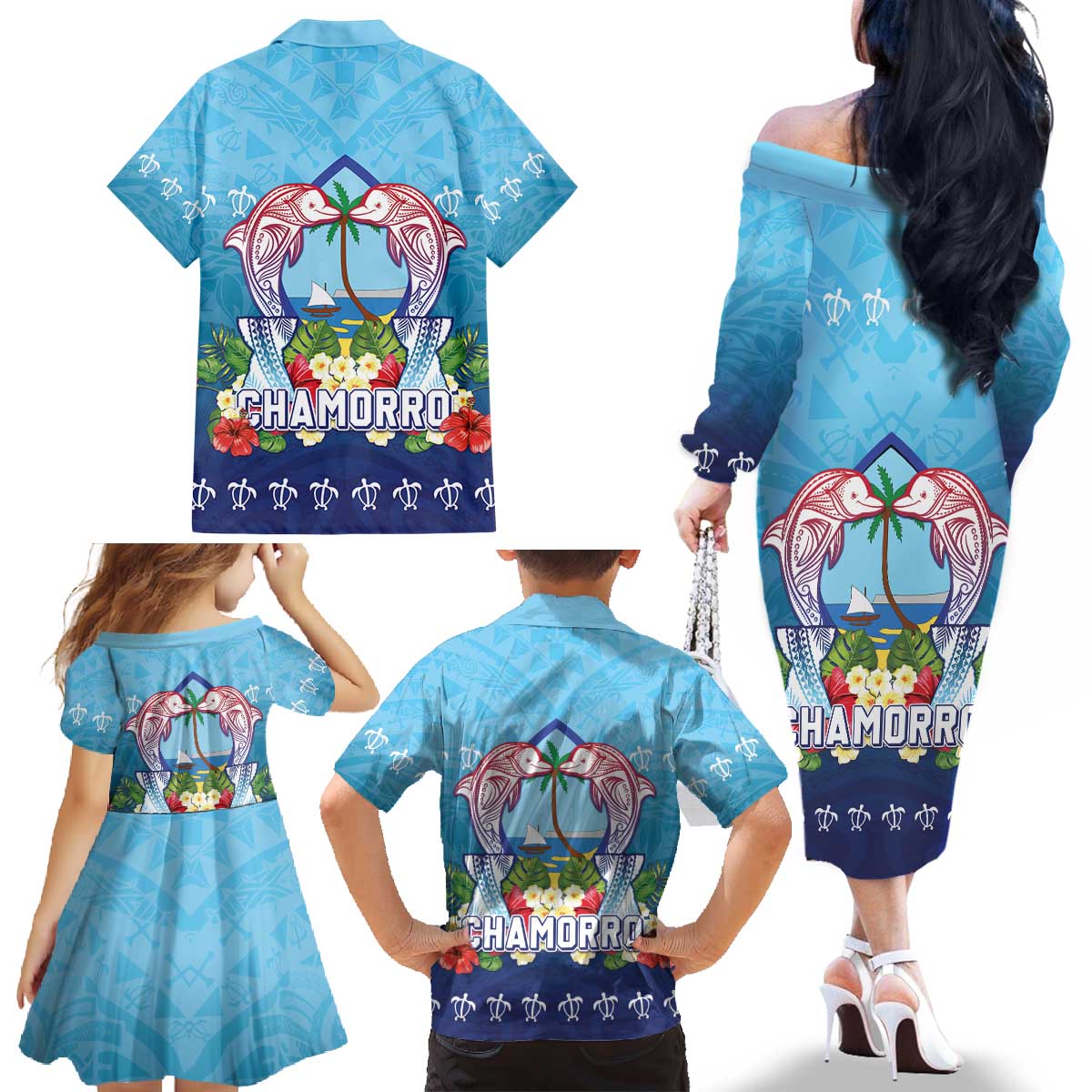 Guam Chamorro Family Matching Off The Shoulder Long Sleeve Dress and Hawaiian Shirt Tribal Latte Stone With Dolphins Blue
