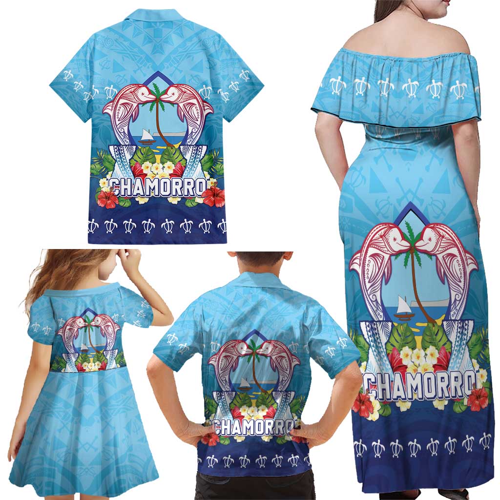 Guam Chamorro Family Matching Off Shoulder Maxi Dress and Hawaiian Shirt Tribal Latte Stone With Dolphins Blue