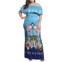 Guam Chamorro Family Matching Off Shoulder Maxi Dress and Hawaiian Shirt Tribal Latte Stone With Dolphins Blue