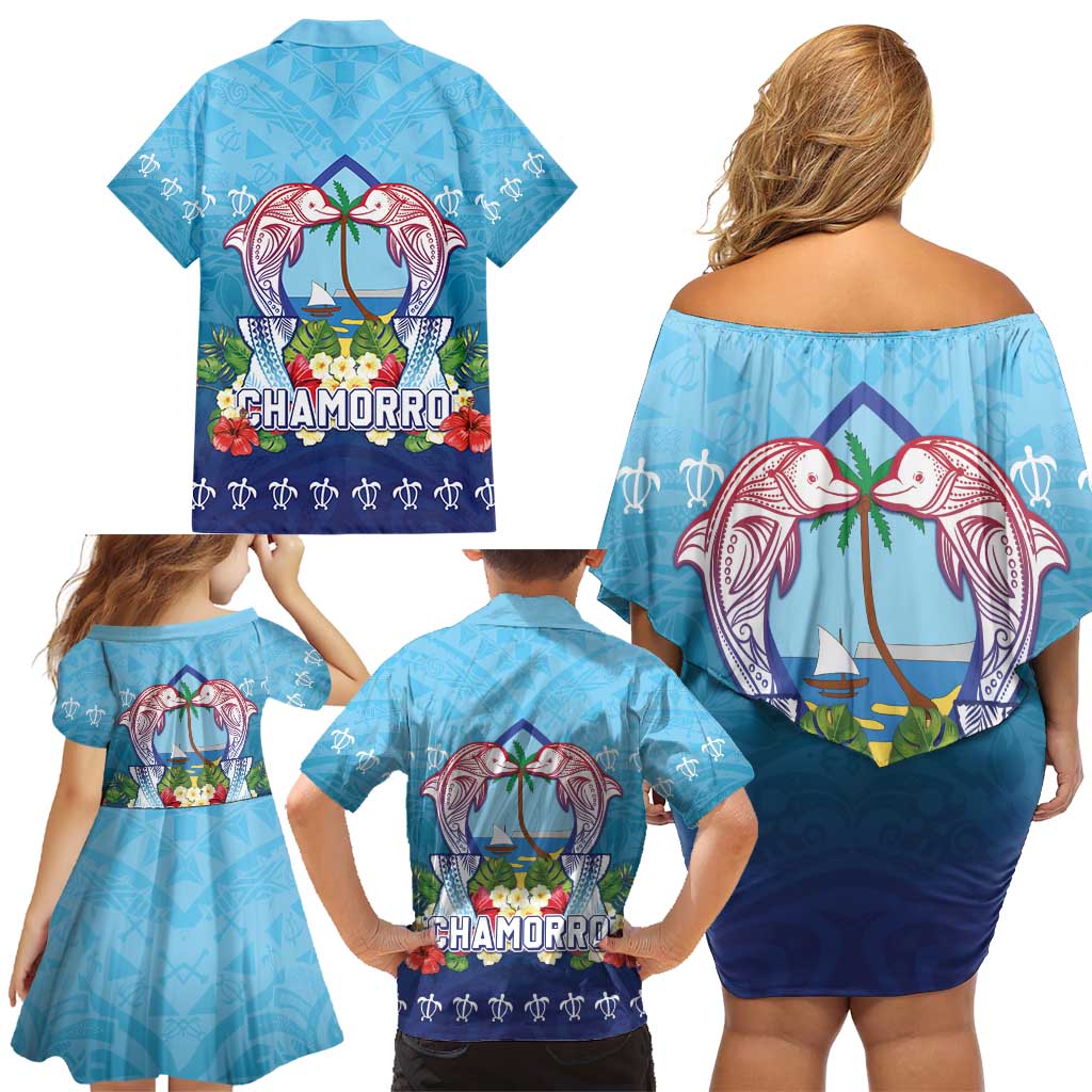 Guam Chamorro Family Matching Off Shoulder Short Dress and Hawaiian Shirt Tribal Latte Stone With Dolphins Blue