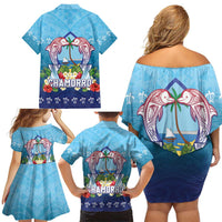 Guam Chamorro Family Matching Off Shoulder Short Dress and Hawaiian Shirt Tribal Latte Stone With Dolphins Blue
