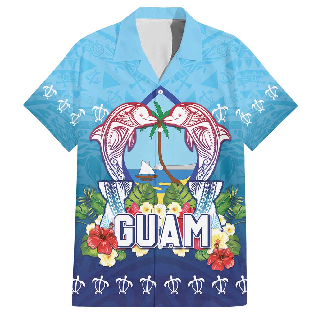 Guam Chamorro Family Matching Off Shoulder Short Dress and Hawaiian Shirt Tribal Latte Stone With Dolphins Blue