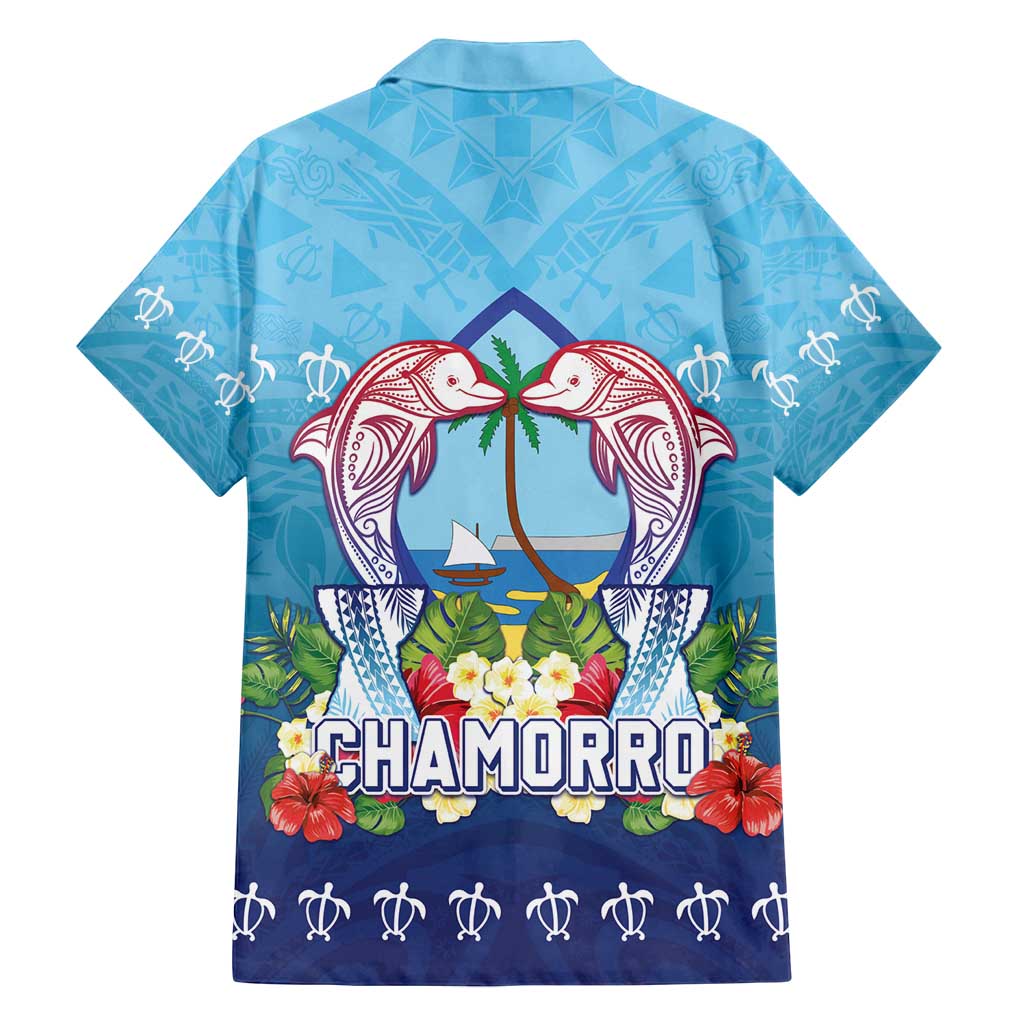 Guam Chamorro Family Matching Off Shoulder Short Dress and Hawaiian Shirt Tribal Latte Stone With Dolphins Blue