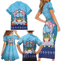 Guam Chamorro Family Matching Short Sleeve Bodycon Dress and Hawaiian Shirt Tribal Latte Stone With Dolphins Blue