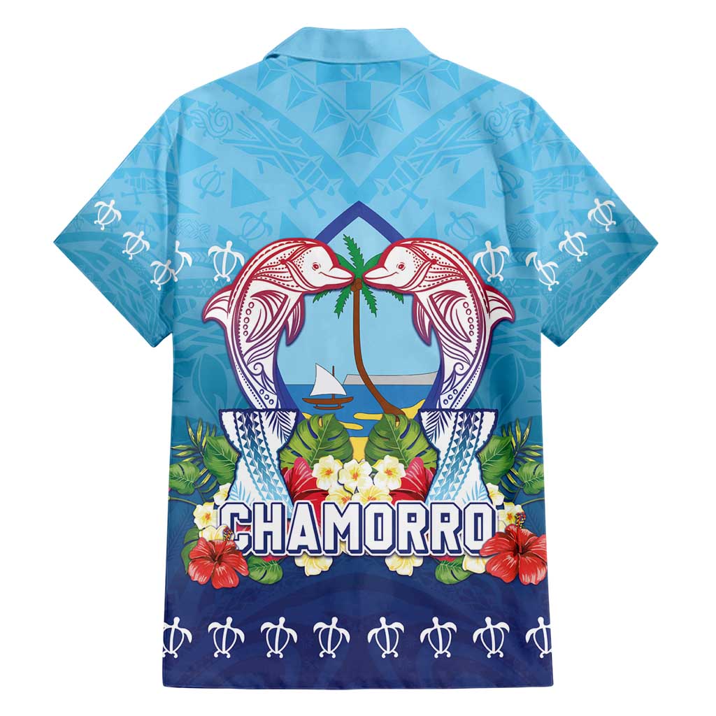 Guam Chamorro Family Matching Short Sleeve Bodycon Dress and Hawaiian Shirt Tribal Latte Stone With Dolphins Blue