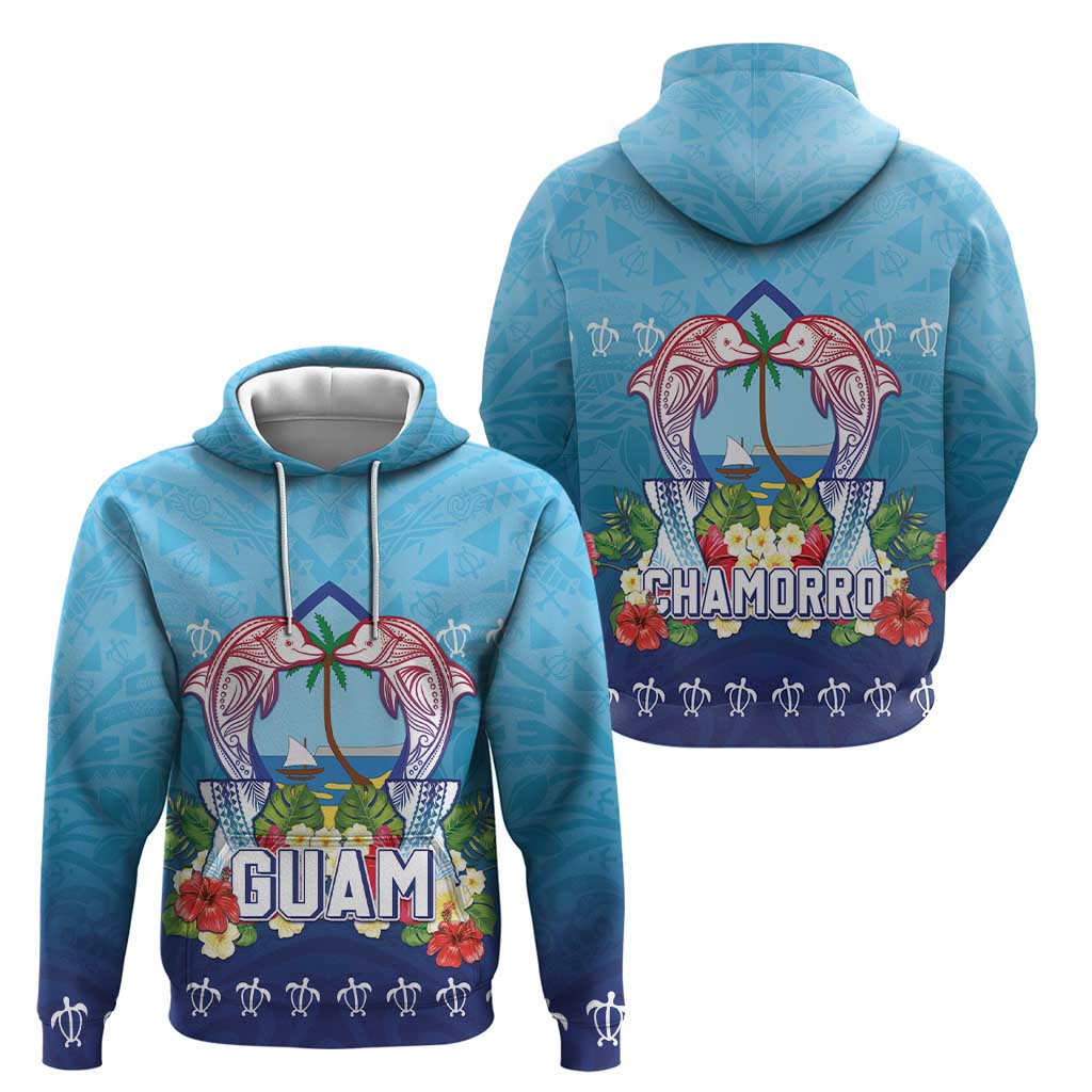 Guam Chamorro Hoodie Tribal Latte Stone With Dolphins Blue