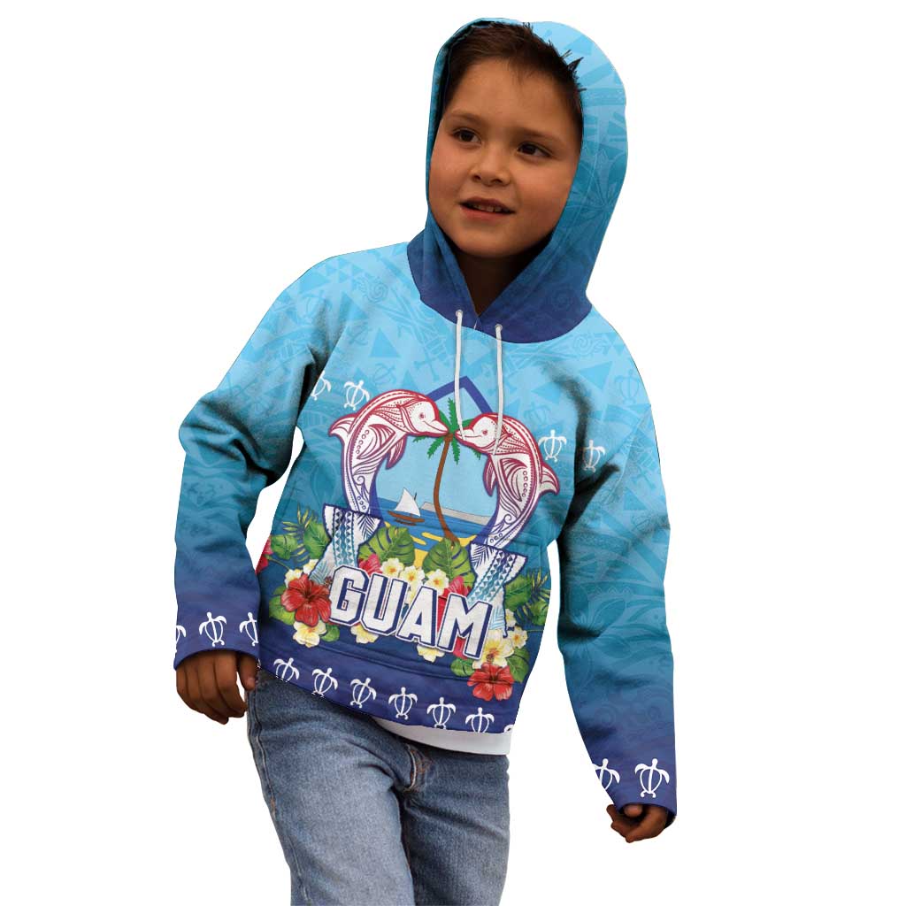 Guam Chamorro Kid Hoodie Tribal Latte Stone With Dolphins Blue