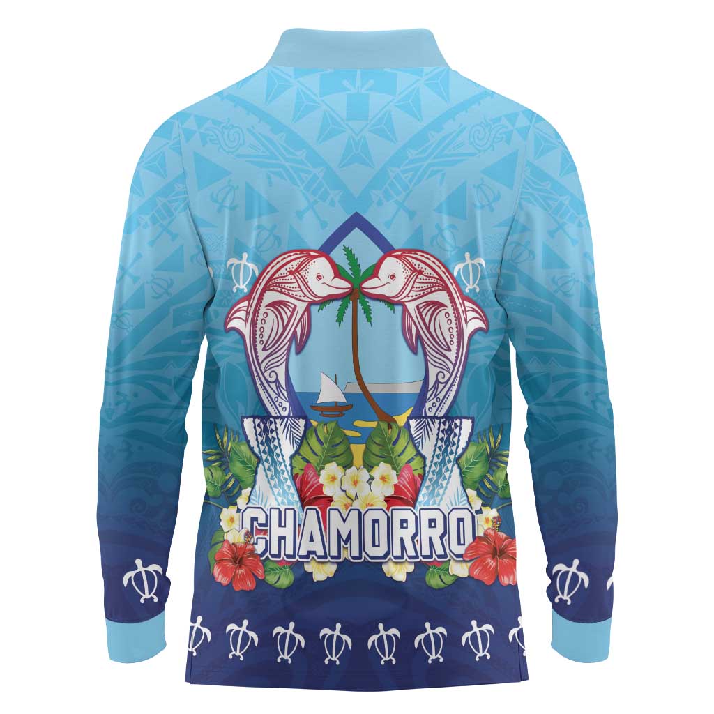 Guam Chamorro Long Sleeve Polo Shirt Tribal Latte Stone With Dolphins Blue
