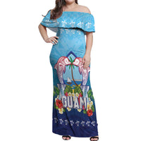Guam Chamorro Off Shoulder Maxi Dress Tribal Latte Stone With Dolphins Blue