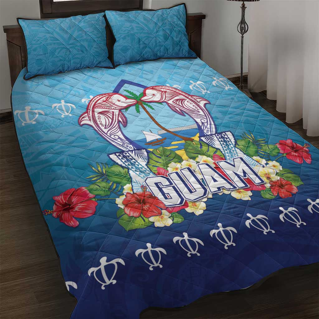 Guam Chamorro Quilt Bed Set Tribal Latte Stone With Dolphins Blue