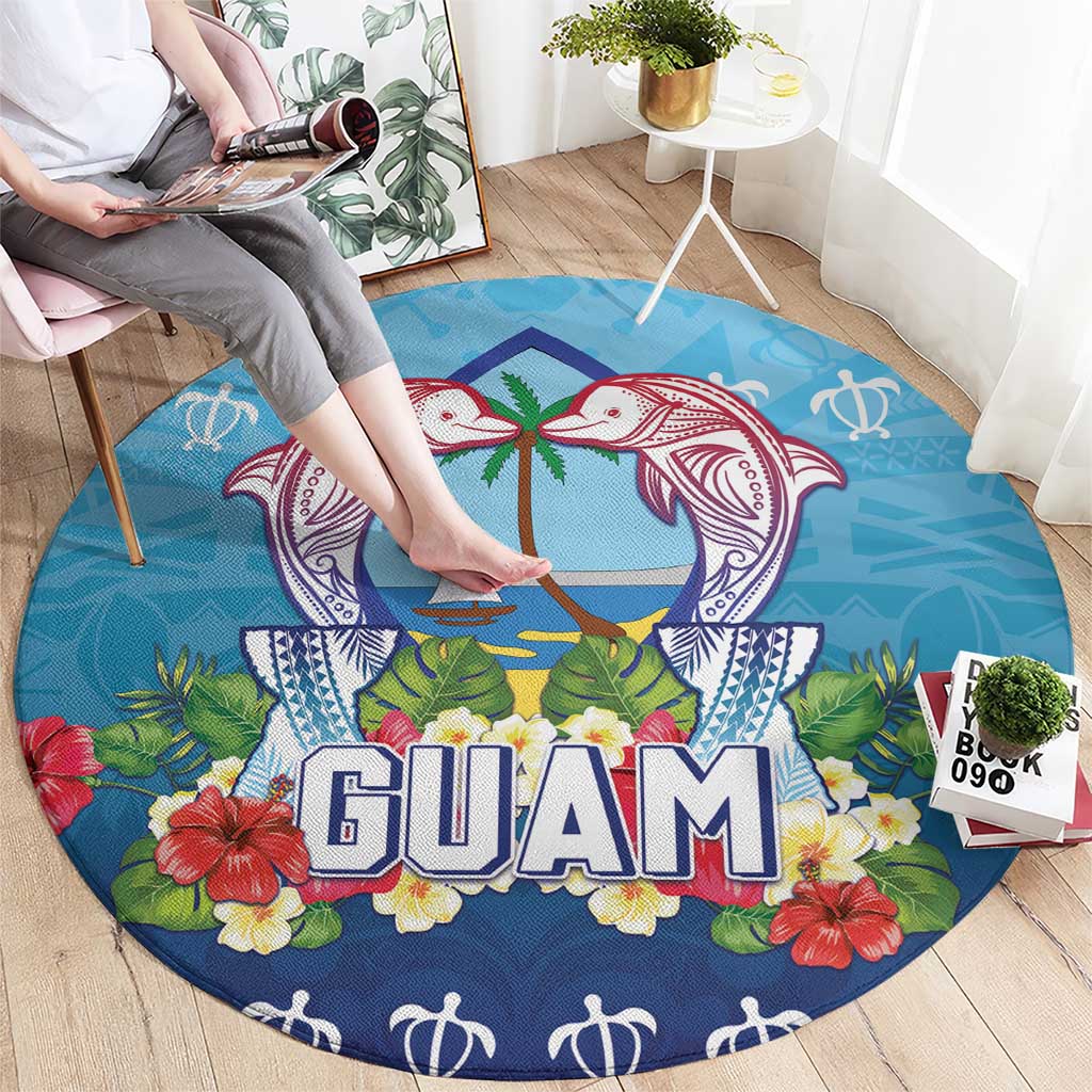Guam Chamorro Round Carpet Tribal Latte Stone With Dolphins Blue