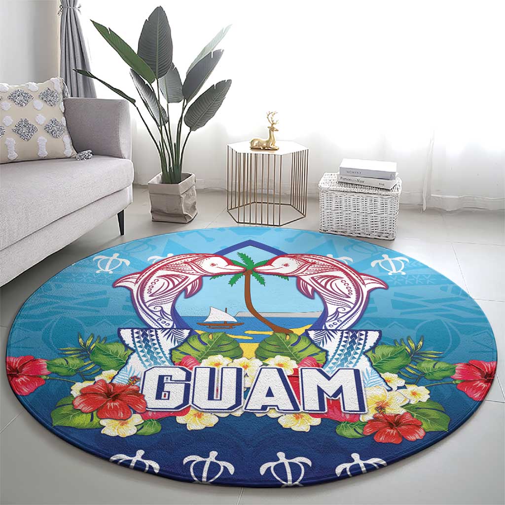 Guam Chamorro Round Carpet Tribal Latte Stone With Dolphins Blue