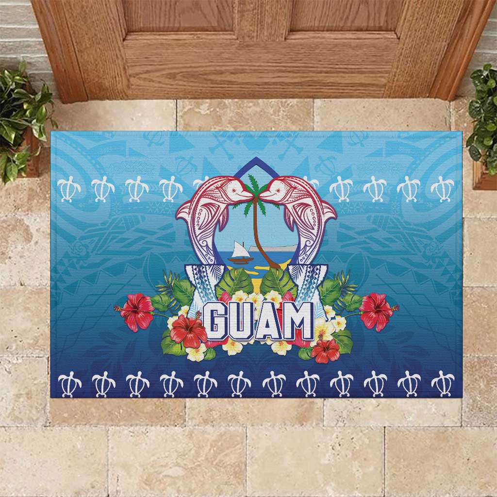 Guam Chamorro Rubber Doormat Tribal Latte Stone With Dolphins Blue