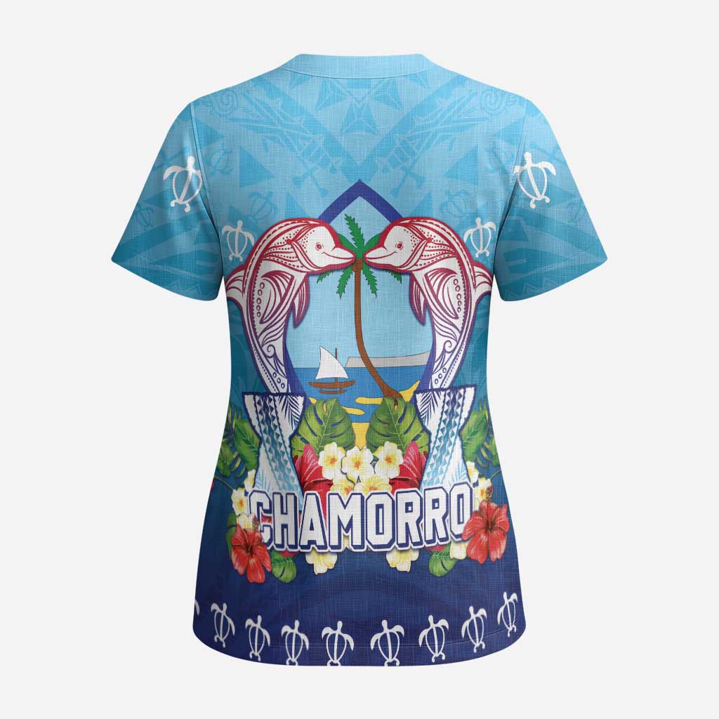 Guam Chamorro Scrub Top Tribal Latte Stone With Dolphins Blue LT05 - Polynesian Pride