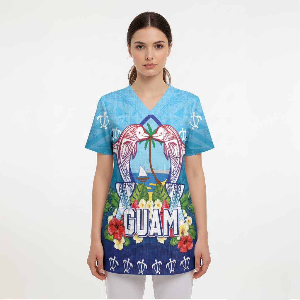 Guam Chamorro Scrub Top Tribal Latte Stone With Dolphins Blue LT05 - Polynesian Pride