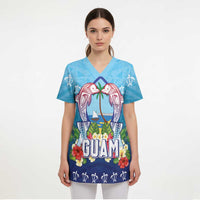 Guam Chamorro Scrub Top Tribal Latte Stone With Dolphins Blue LT05 - Polynesian Pride