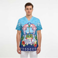 Guam Chamorro Scrub Top Tribal Latte Stone With Dolphins Blue LT05 - Polynesian Pride