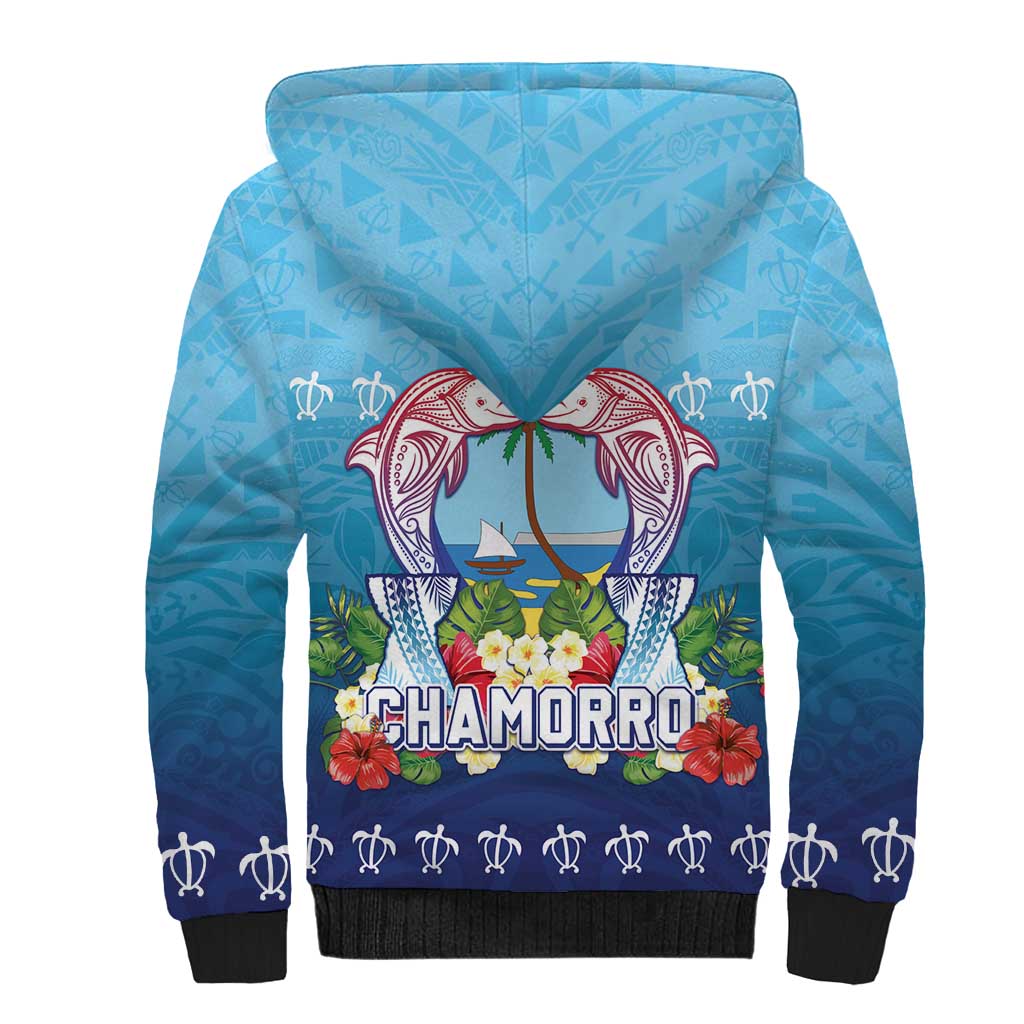 Guam Chamorro Sherpa Hoodie Tribal Latte Stone With Dolphins Blue LT05 - Polynesian Pride