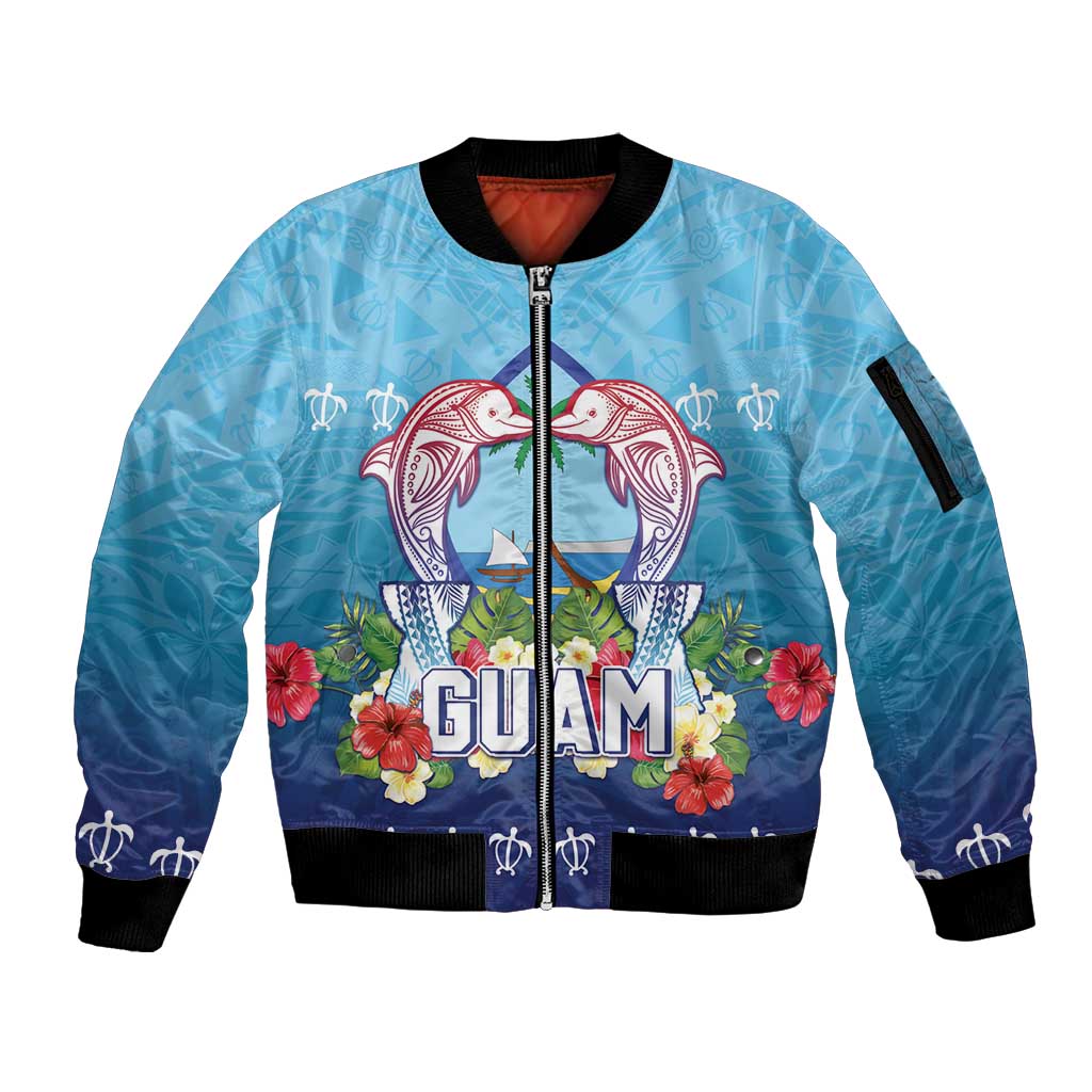 Guam Chamorro Sleeve Zip Bomber Jacket Tribal Latte Stone With Dolphins Blue
