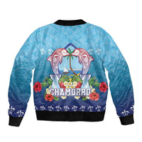 Guam Chamorro Sleeve Zip Bomber Jacket Tribal Latte Stone With Dolphins Blue