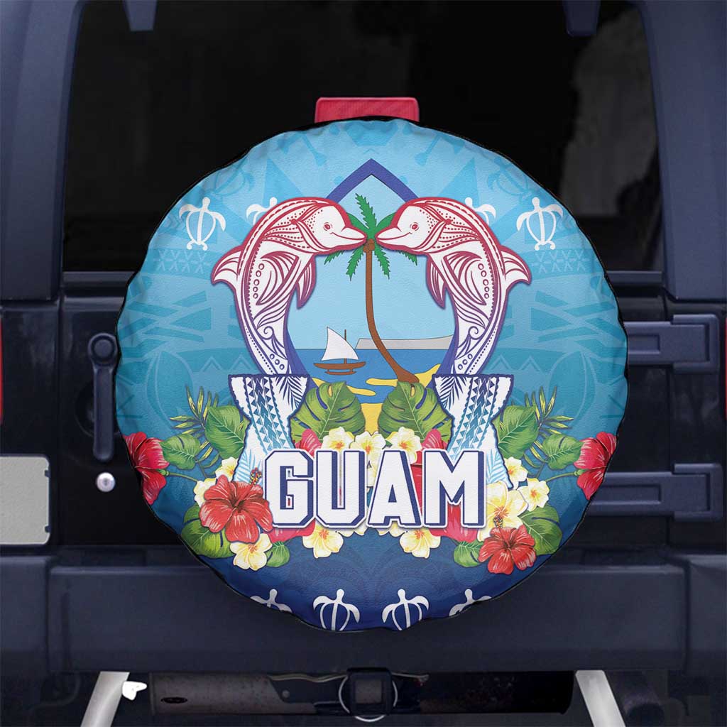 Guam Chamorro Spare Tire Cover Tribal Latte Stone With Dolphins Blue