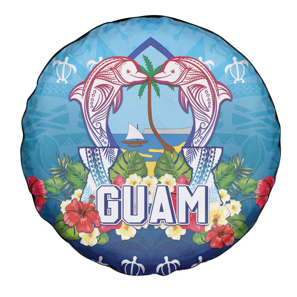 Guam Chamorro Spare Tire Cover Tribal Latte Stone With Dolphins Blue