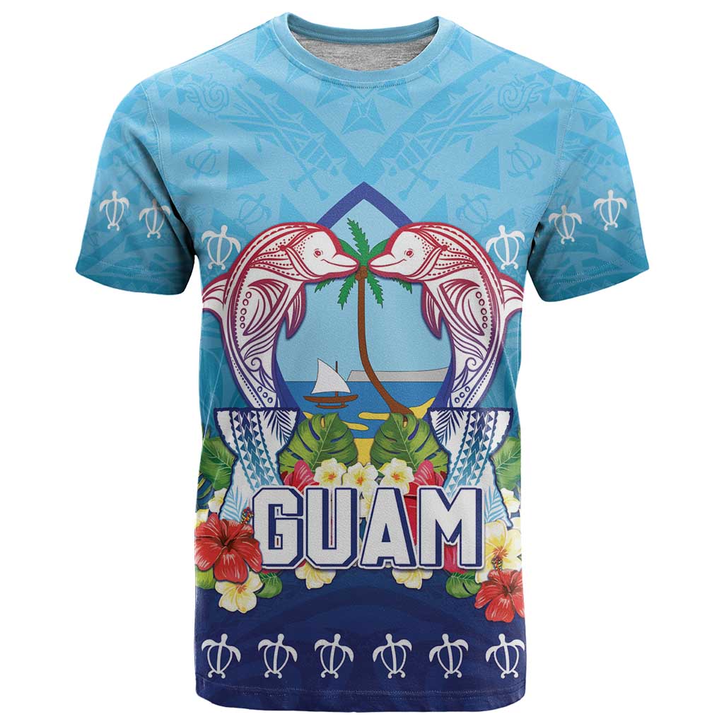 Guam Chamorro T Shirt Tribal Latte Stone With Dolphins Blue