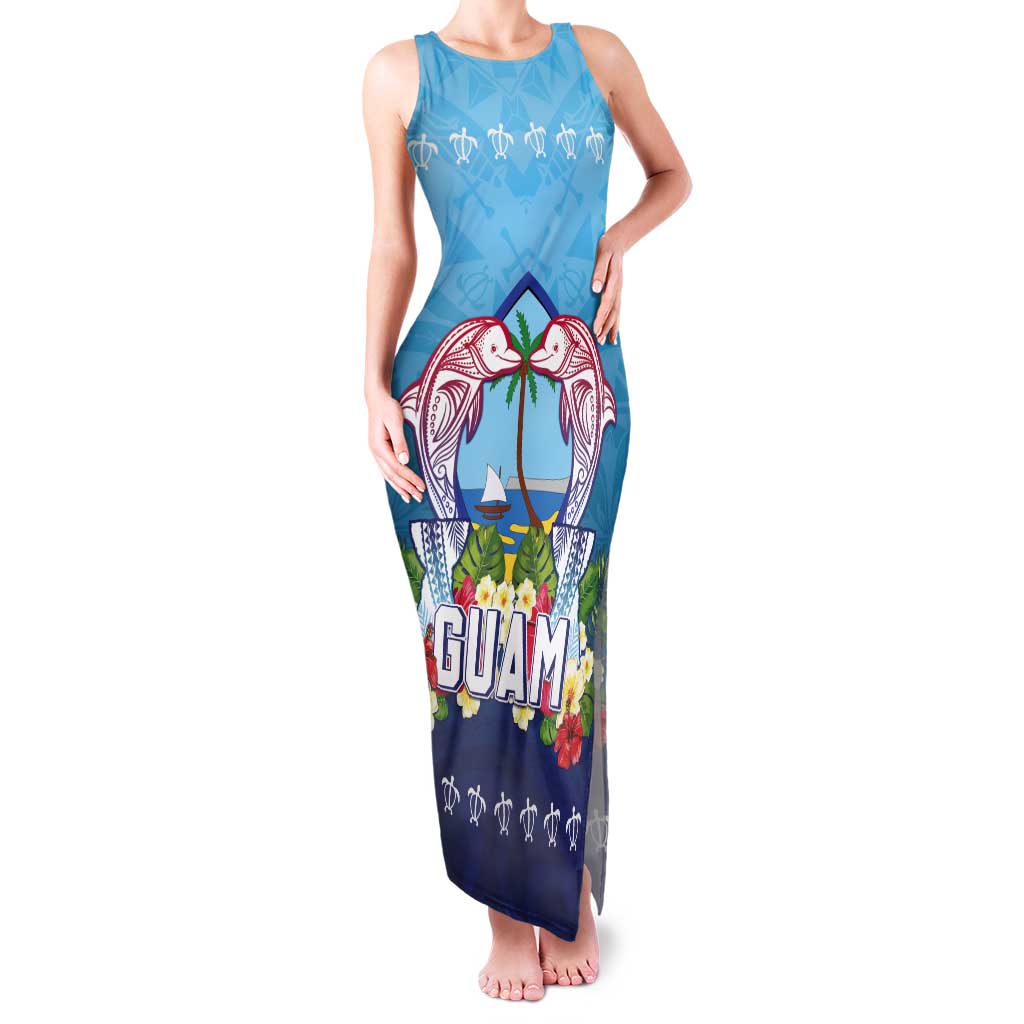 Guam Chamorro Tank Maxi Dress Tribal Latte Stone With Dolphins Blue