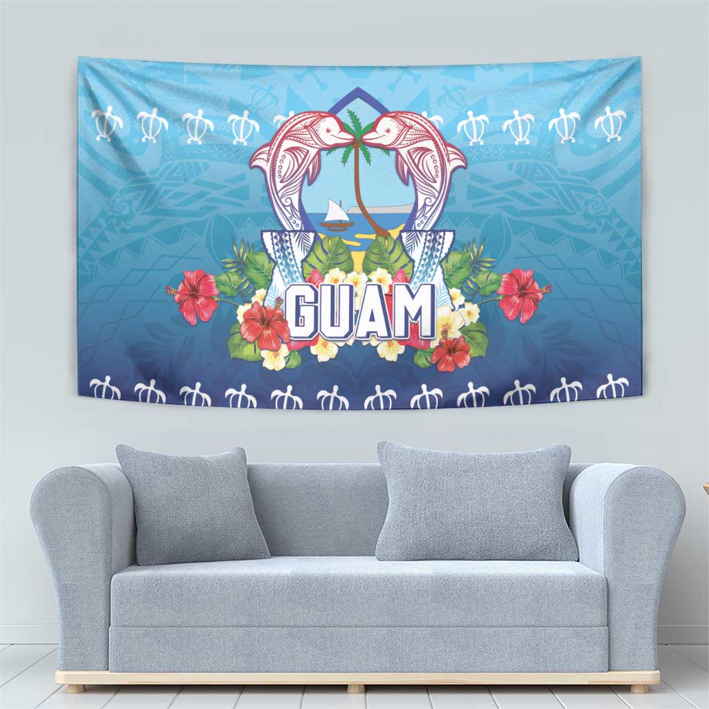 Guam Chamorro Tapestry Tribal Latte Stone With Dolphins Blue