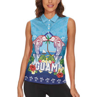 Guam Chamorro Women Sleeveless Polo Shirt Tribal Latte Stone With Dolphins Blue