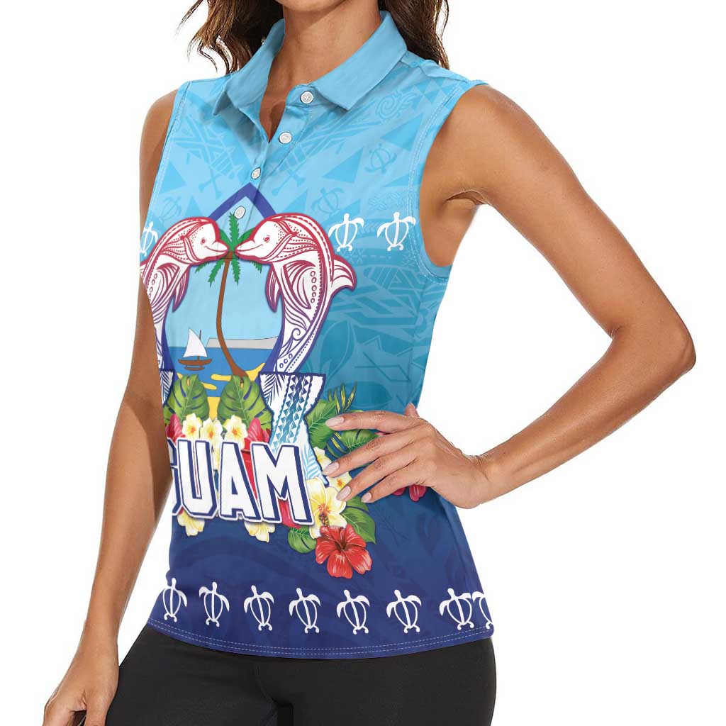 Guam Chamorro Women Sleeveless Polo Shirt Tribal Latte Stone With Dolphins Blue