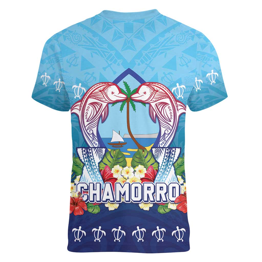 Guam Chamorro Women V-Neck T-Shirt Tribal Latte Stone With Dolphins Blue