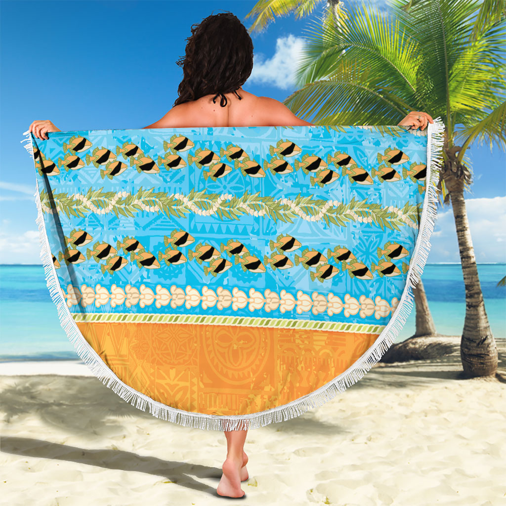 Hawaii Humuhumu Fish Maile Pikake Lei Beach Blanket Tribal Tapa Orange Version