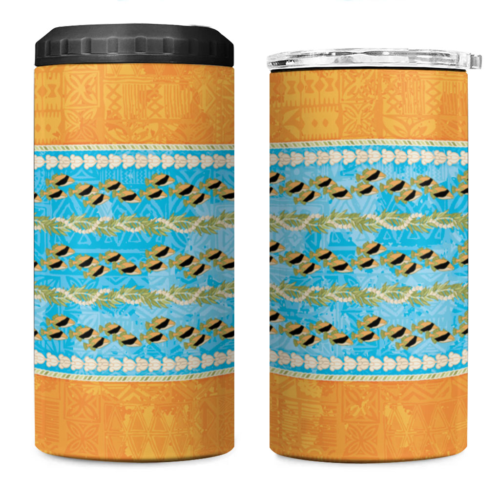 Hawaii Humuhumu Fish Maile Pikake Lei 4 in 1 Can Cooler Tumbler Tribal Tapa Orange Version