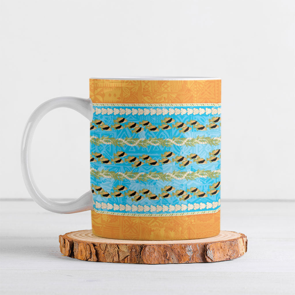 Hawaii Humuhumu Fish Maile Pikake Lei Ceramic Mug Tribal Tapa Orange Version