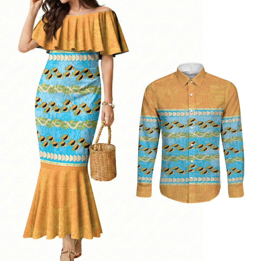 Hawaii Humuhumu Fish Maile Pikake Lei Couples Matching Mermaid Dress and Long Sleeve Button Shirt Tribal Tapa Orange Version
