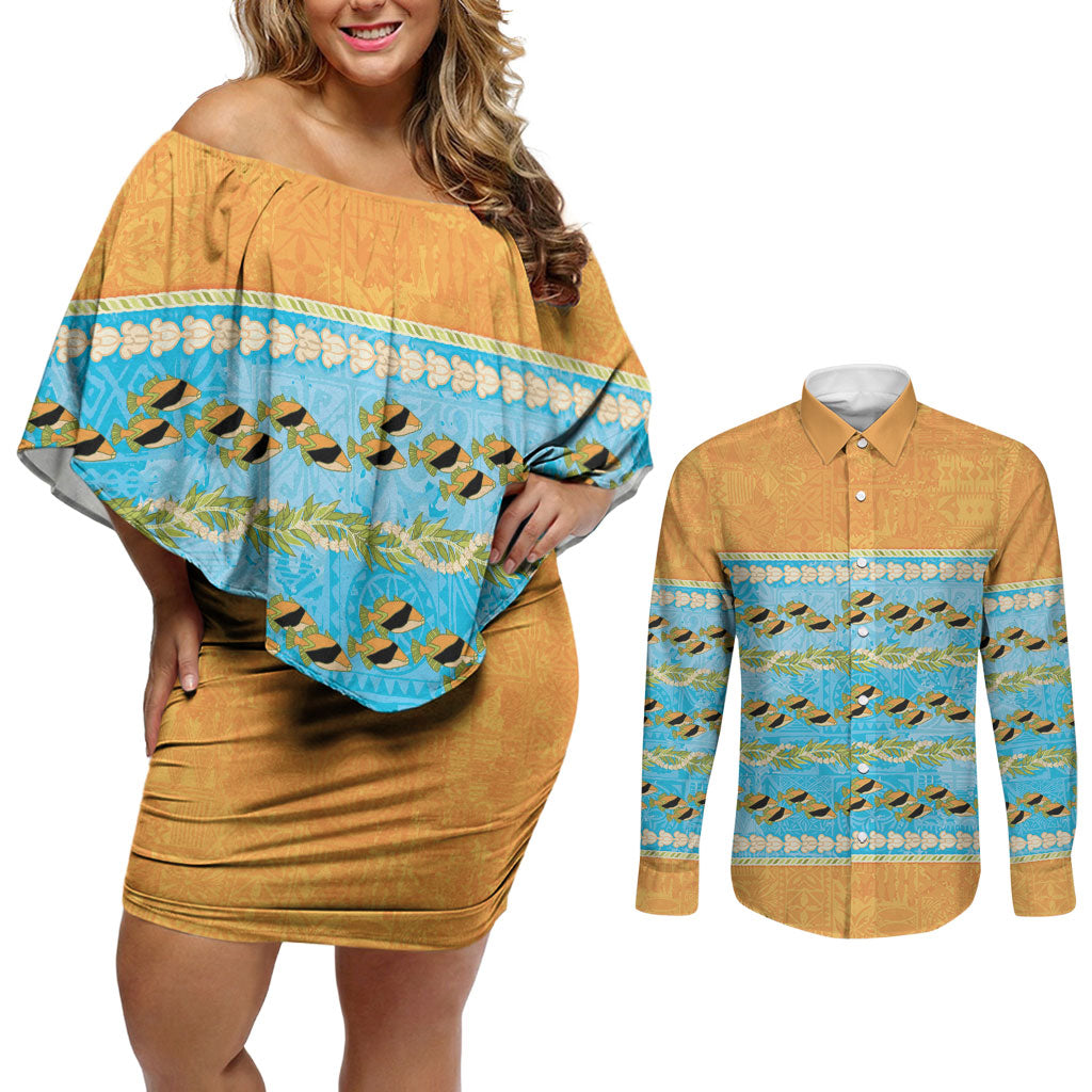 Hawaii Humuhumu Fish Maile Pikake Lei Couples Matching Off Shoulder Short Dress and Long Sleeve Button Shirt Tribal Tapa Orange Version