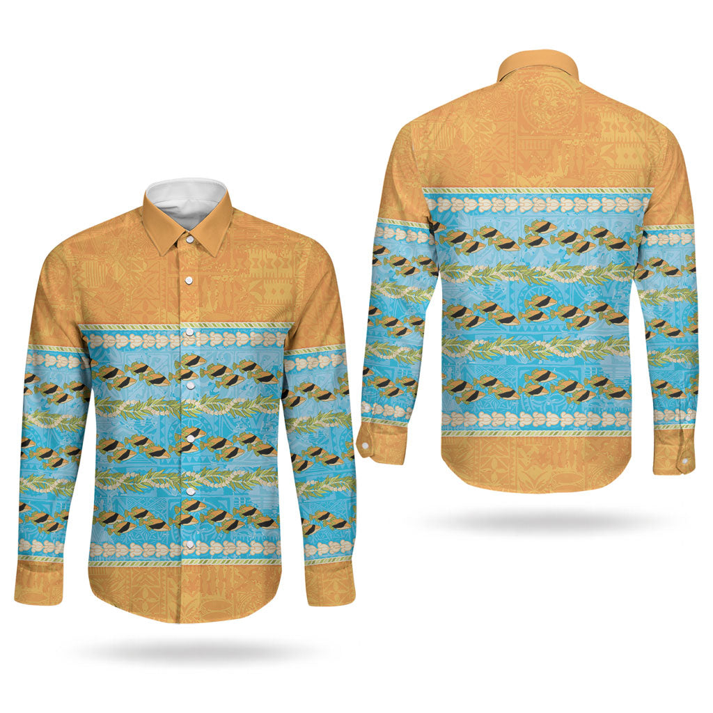 Hawaii Humuhumu Fish Maile Pikake Lei Couples Matching Puletasi and Long Sleeve Button Shirt Tribal Tapa Orange Version