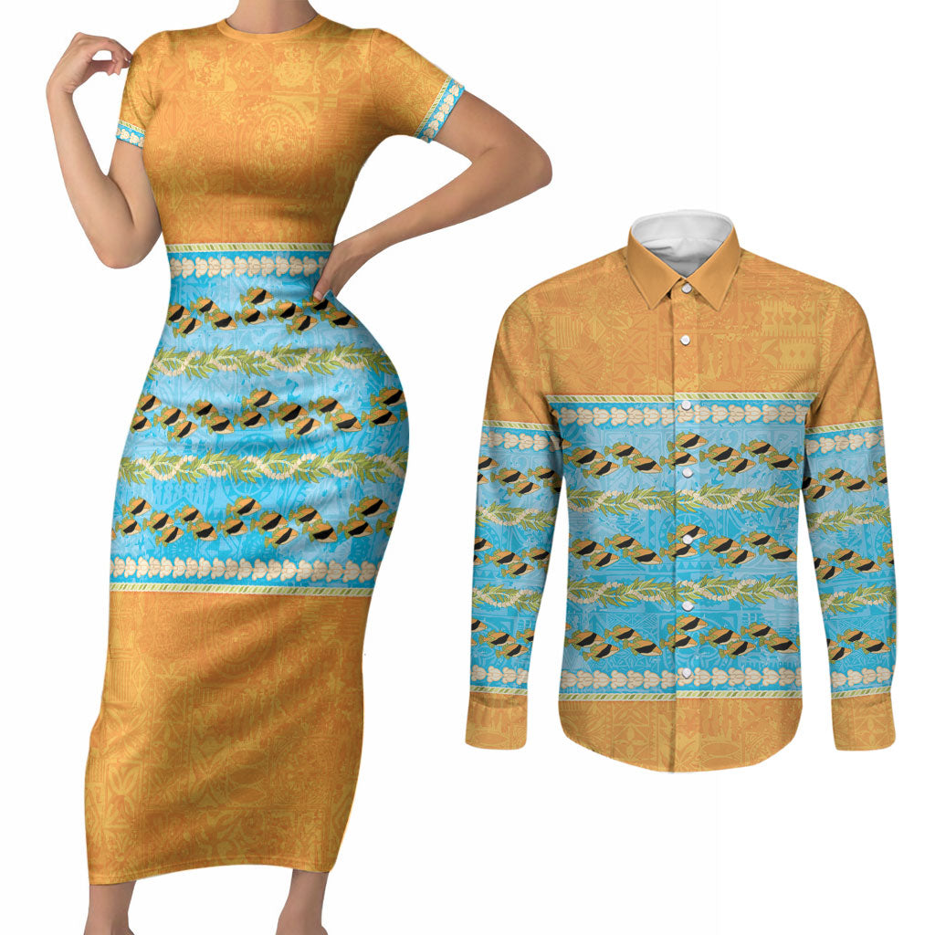 Hawaii Humuhumu Fish Maile Pikake Lei Couples Matching Short Sleeve Bodycon Dress and Long Sleeve Button Shirt Tribal Tapa Orange Version