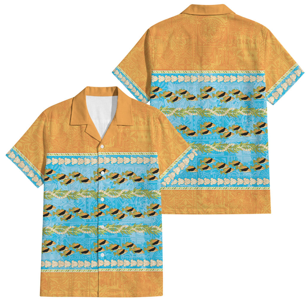 Hawaii Humuhumu Fish Maile Pikake Lei Family Matching Off Shoulder Maxi Dress and Hawaiian Shirt Tribal Tapa Orange Version