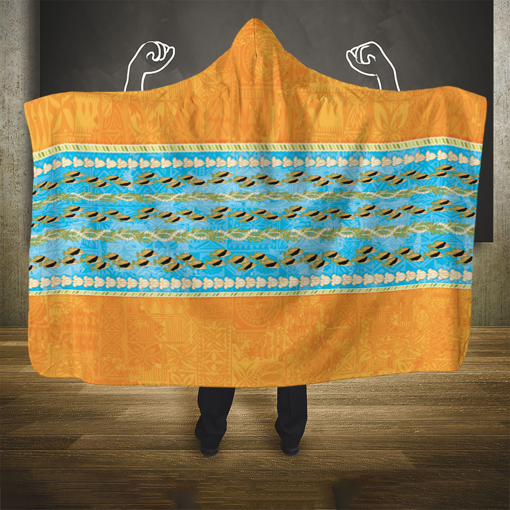 Hawaii Humuhumu Fish Maile Pikake Lei Hooded Blanket Tribal Tapa Orange Version