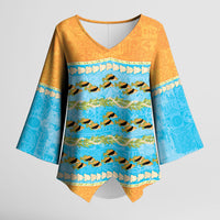 Hawaii Humuhumu Fish Maile Pikake Lei Kimono Sleeve Blouse Tribal Tapa Orange Version