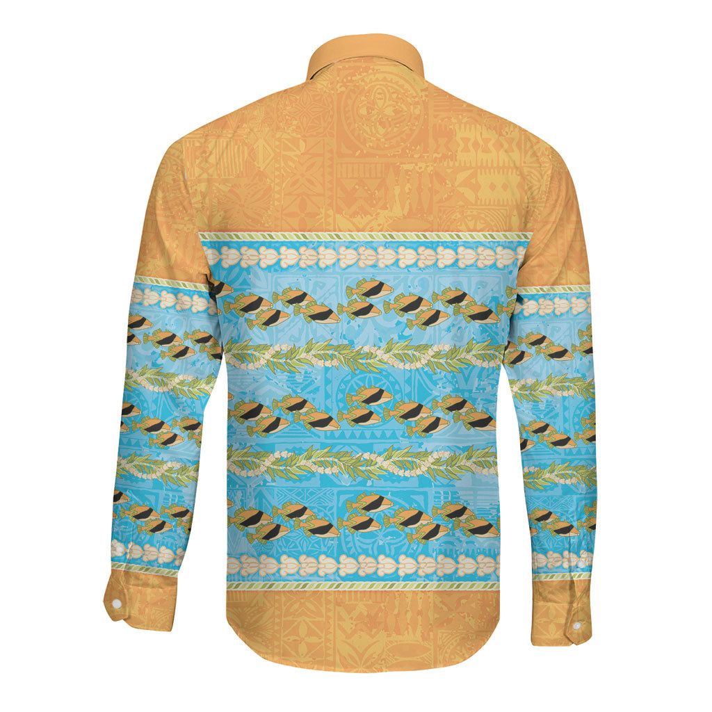 Hawaii Humuhumu Fish Maile Pikake Lei Long Sleeve Button Shirt Tribal Tapa Orange Version