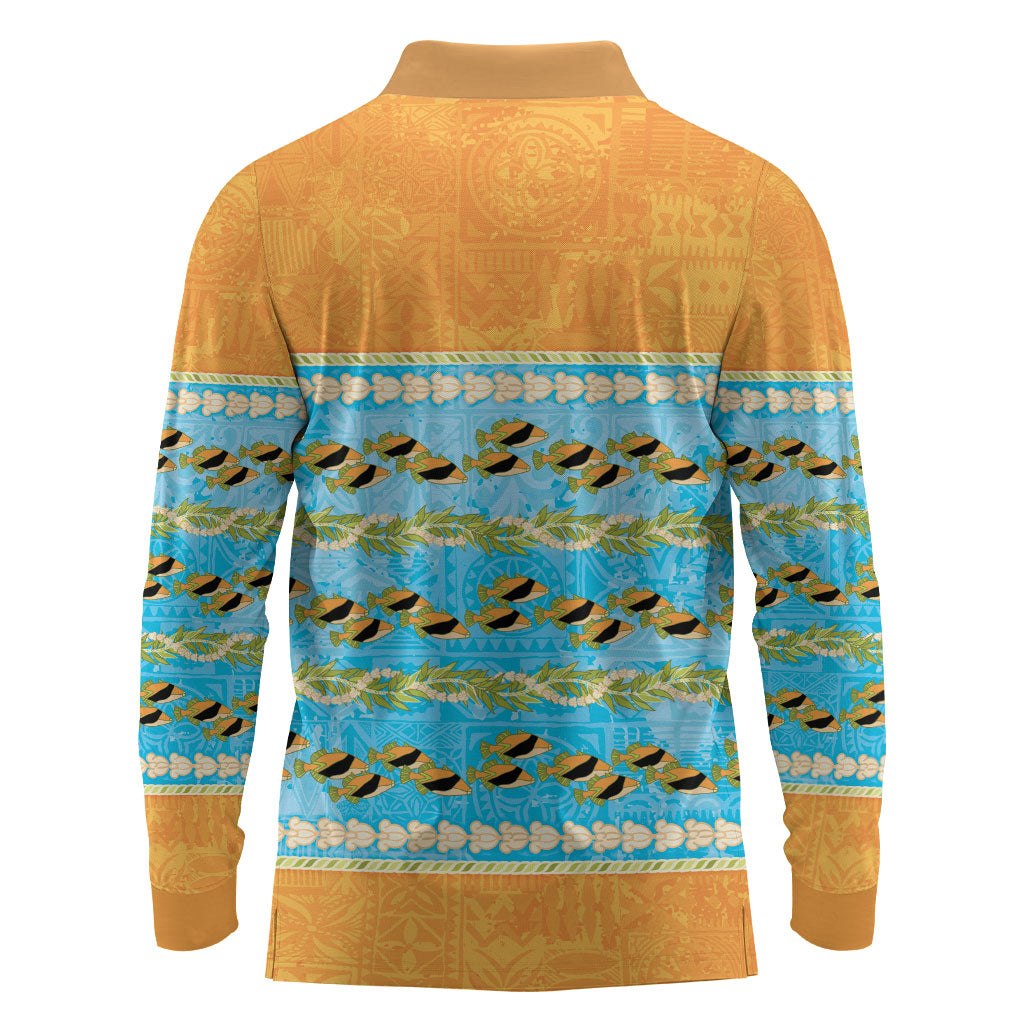 Hawaii Humuhumu Fish Maile Pikake Lei Long Sleeve Polo Shirt Tribal Tapa Orange Version