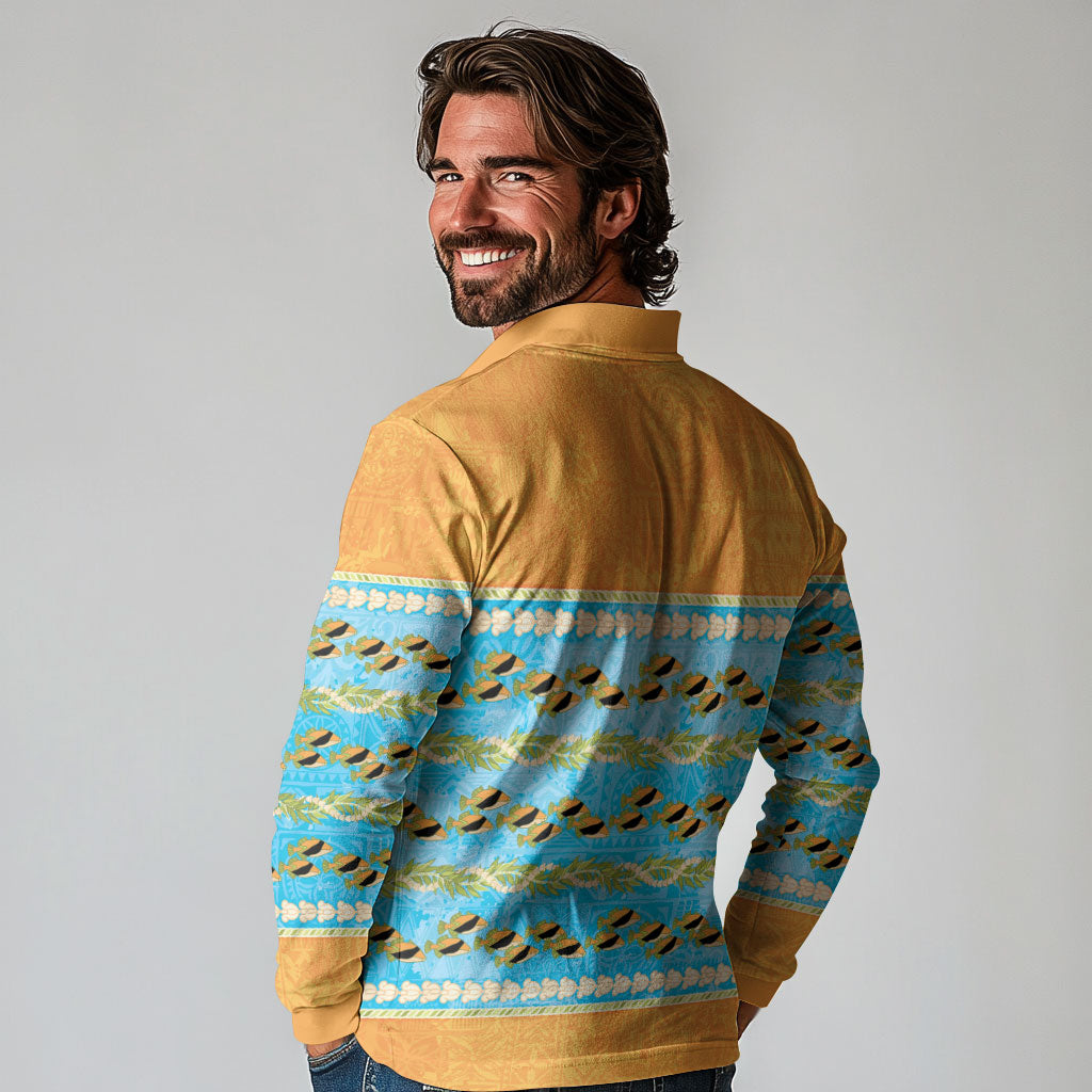 Hawaii Humuhumu Fish Maile Pikake Lei Long Sleeve Polo Shirt Tribal Tapa Orange Version